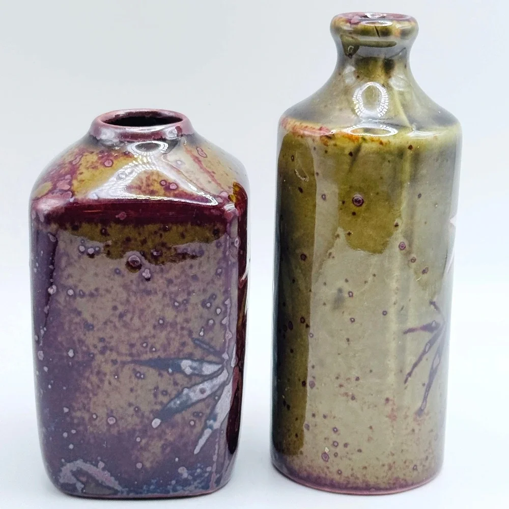 Vintage Japanese Ceramic Bud Vase Set Rainbow MCM Green Earth Tone Floral‎ 2